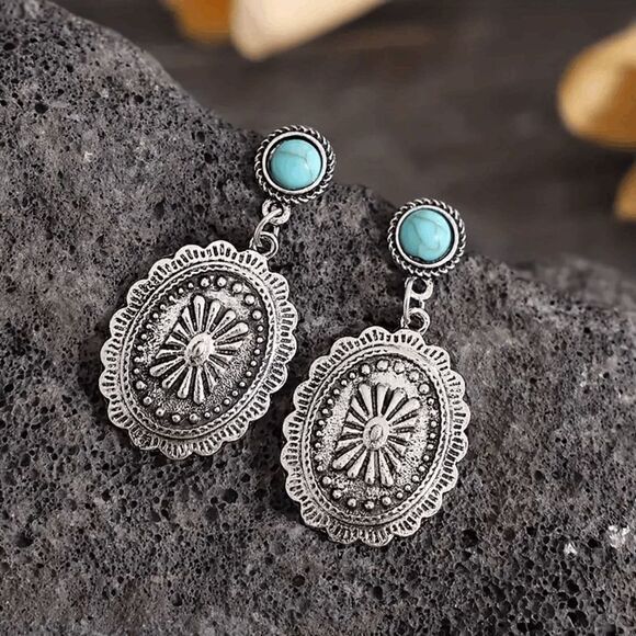 Turquoise Silver Concho Western Dangle Earrings - Picture 1 of 5